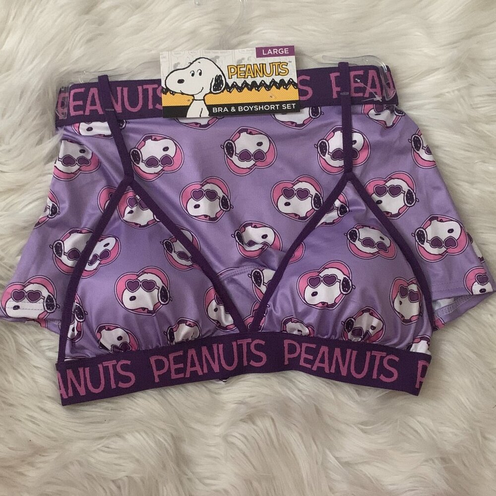 PEANUTS Snoopy Cool Hearts Bra & Boyshort Set in Violet Sz LARGE